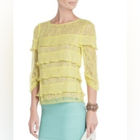 NWT BCBGMAXAZRIA BRIGHT CHARTREUSE MARAE TIERED LACE TOP - Picture 3 of 9